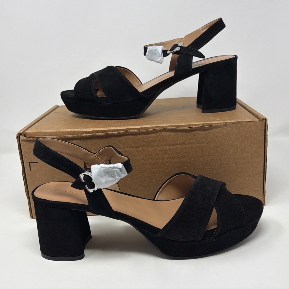 Aerosoles Women’s 11M Black Faux Suede Cosmos Block Heel Sandals STORE MODEL